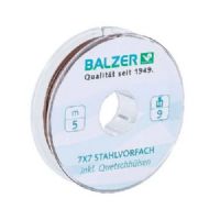 4005652201788 - Shirasu 7x7 Niroflex spole, uncoated - Rullekapacitet:5M. - Brudstyrke:9kg. - 001 4570 009<br>5m spool with crimp sleeves. Uncoated 7x7 Stainless steel. With crimped sleeves.