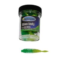 747191999354 - Waterstar - Rubber Baits - Model: Slim Lady - 5,5 cm - 10 stk. - Farve: Gul/Grøn - Smag: Hvidløg