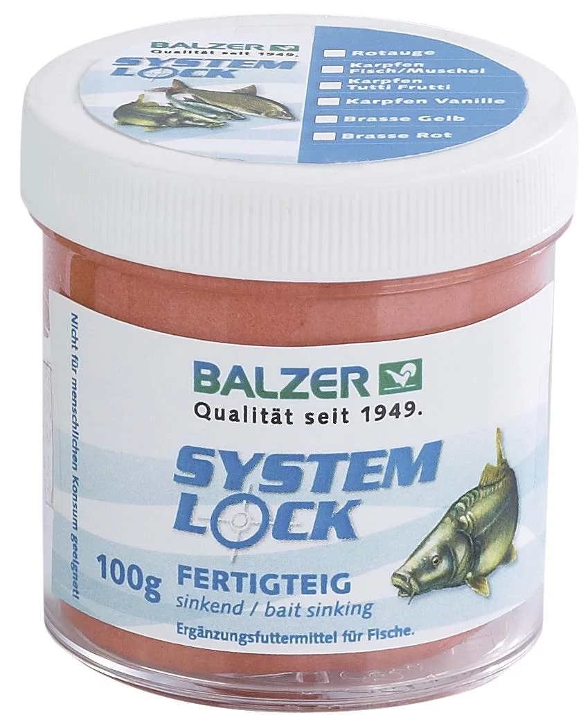 4005652169774 - System Lock ready-made dough - Vægt:100g. - Farve:R&oslash;d - Baittype:Synkende - Smag/duft:Carp/Tench - Tutti Frutti - 001 8479 002<br>Very catchy ready-made paste prepared according to proven recipes. The dough is enriched with lots of amino acids and intense, natural flavors. Despite its flexibility the dough adheres very well on the hook.
