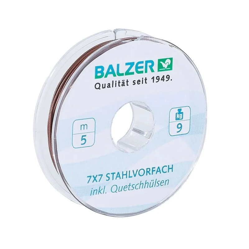4005652201788 - Shirasu 7x7 Niroflex spole, uncoated - Rullekapacitet:5M. - Brudstyrke:9kg. - 001 4570 009<br>5m spool with crimp sleeves. Uncoated 7x7 Stainless steel. With crimped sleeves.