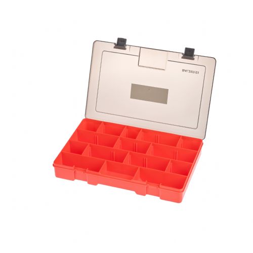 4005652803692 - Shirasu system box - Farve:Orange - 001 8334 005<br>Very well thought out accessory box. Big rubbers and pike systems can easily be accommodated in the extra-long compartment. With variable separators. Some of the Shirasu bag models can be equipped perfectly with them.