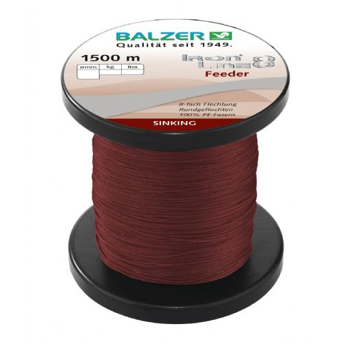 4005652803982 - Iron Line 8 feeder fletline, synkende - Rullekapacitet:1500M. - Brudstyrke:9.8kg. - Farve:Mørkrød - 001 2668 012<br>Ironline® 8: our high performance line with 8-fold braiding and a sensational price/performance ratio! Balzer’s Ironline 8 boasts an eightfold braided high-performance line with an excellent load-bearing capacity. The line is impressive thanks to a soft, yet abrasion-resistant surface that enables the line to slide silently through the guides and which facilitates enormous casting distances. Thanks to the fact that it hardly stretches at all, you have direct contact to both bait and fish. In the Ironline 8 series you can find the right line for all types of fishing; what’s more at fantastic prices! 

Features: 8-fold braiding, Round braiding, 100% PE fibre, High loadbearing capacities, Very soft surface, High abrasion resistance, Extremely little stretching, UV protected. 

Iron Line Feeder: In addition to PE fibres most sinking braided lines are additionally processed with other fibres which ensure that the line sinks because PE fibres float. The serious disadvantage is that it is at the expense of the load-carrying capacity. Not so with the Ironline Feeder: It consists to 100% of strong PE fibres and therefore has the same carrying capacity as the other Ironline 8 lines. It gets its sinking characteristics by a special refining process, which is probably unique!