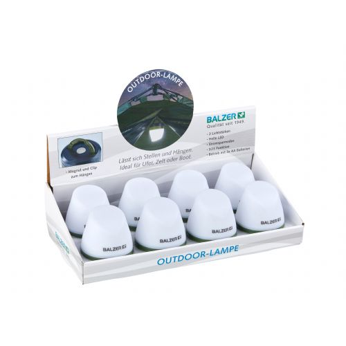 4005652813011 - Outdoor lampe display med 8stk - 001 8441 011<br>Strong selling display with 8 lamps. With a clip and magnet. So the lamp can be placed and hung. Ideal for bank. tent or boat. 2 light intensities. bright LED. SOS function. works with 3 AAA batteries (not contained in the scope of supply). - Pris pr. stk.