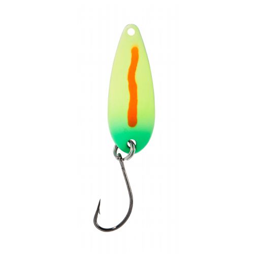 4005652821672 - Pro Staff Series Swindler Spoon - 30mm. - Vægt:2.3g. - Farve:Gul/gr&oslash;n/orange stribe, UV - 001 6067 215<br>With a tumbling run for more passive trouts. Can be guided extremely slow. Top in the cold season.