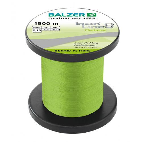 4005652828169 - Iron Line 8 fletline - Rullekapacitet:1500M. - 0.12mm - Brudstyrke:9.8kg. - Farve:Chartreuse - 001 2659 012<br>Ironline® 8: our high performance line with 8-fold braiding and a sensational price/performance ratio! Balzer’s Ironline 8 boasts an eightfold braided high-performance line with an excellent load-bearing capacity. The line is impressive thanks to a soft. yet abrasion-resistant surface that enables the line to slide silently through the guides and which facilitates enormous casting distances. Thanks to the fact that it hardly stretches at all. you have direct contact to both bait and fish. In the Ironline 8 series you can find the right line for all types of fishing; what’s more at fantastic prices! 

Features: 8-fold braiding. Round braiding. 100% PE fibre. High loadbearing capacities. Very soft surface. High abrasion resistance. Extremely little stretching. UV protected. 

Iron Line Spin yellow: Thanks to its very clear visibility it is an ideal spin line.