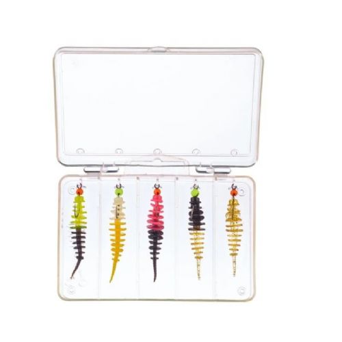 4005652829081 - Trout Collector, sortiment af formonterede gummidyr - 50mm. - Vægt:1.0g. - Farve:Mix 1 - Smag/duft:Hvidl&oslash;g - 001 6077 105<br>Nothing could be more practical: Our successful Trout Collectors, ready mounted on our
hooks with tungsten heads in the practical tackle box with Euro hanger. As a guide, we have put together the same four mixes as we have already done for the Collectors in the jars. Contents: 5 Trout Collectors, 5cm, 5 hooks (size 8) with tungsten heads: 3x 0.45g and 2x 0.73g)