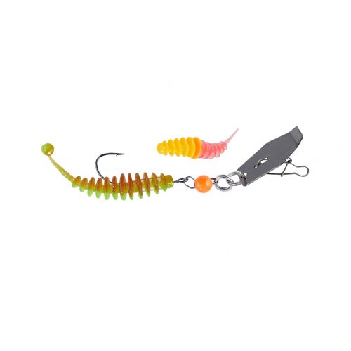 4005652844466 - Trout Collector, gummi chatter lure - Vægt:2.4g. - Farve:Titan - 001 6097 125<br>This bait has it all: We combine the advantages collectors of Cheburashka and Chatter lure. The metal plate provides a high water resistance when retrieving. Since the plate is mounted so that it can move, it swings from left to right with high frequency and really shakes the lure along with the Trout Collector. At the same time, the soft lure has maximum freedom of movement as the hook can move freely. The lure with the golden plate is used in murky water, the one with the titanium-coloured plate in clear water.
Comes with 2 Trout Collectors! The tungsten beads are available in 4 different weights.