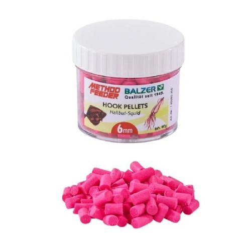 4005652845272 - Method Feeder pellets - Vægt:60g. - Farve:Pink - Smag/duft:Halibut-Squid - 001 8508 306<br>Method feeder fishing has been long established among coarse anglers as it is an extremely exciting and successful method for catching breams, carps, large roaches, barbels and so on. The advantage over normal feeder fishing is that the hook bait is placed directly next to the food. Our Method Feeder baits consist of ingredients such as amino acids, proteins, fish meal, silkworms and so on. The result are 5 catchy colours and unique recipes. What has been working for predatory fishing and sea fishing for a long time has now also found its way into our new baits - 3 of the 5 colours are UV-active and trigger the additional stimulus depending on the depth and cloudiness of the water! 

Our hook pellets are gently steamed! By this method all the ingredients which stimulate feeding, such as amino acids, fishmeal and silkworms remain intact and are not cooked to rags. At the same time the pellets become slightly rubbery and supple and even when cast over long distances they do not come off the rig. Contents: 60g.