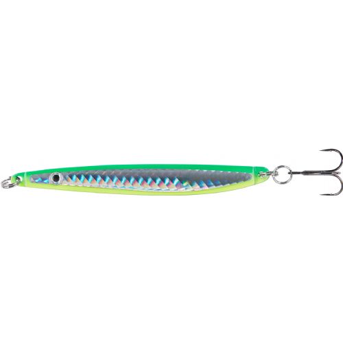 4005652855509 - Colonel Z havørred spoon. UV - 10mm. - Vægt:22g. - Farve:Grøn/gul reflex - 001 3364 022<br>Excellent seatrout lures made of zinc-alloy in attractive colours. Needle-sharp treble hooks with double split ring minimises the drop-out rate.