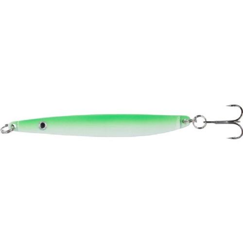 4005652855622 - Colonel Z hav&oslash;rred spoon, UV - 9mm. - Vægt:18g. - Farve:Gr&oslash;n/hvid - 001 3368 018<br>Excellent seatrout lures made of zinc-alloy in attractive colours. Needle-sharp treble hooks with double split ring minimises the drop-out rate.