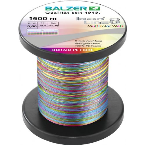 4005652860411 - Iron Line 8 fletline, catfish - Rullekapacitet:1500M. - Brudstyrke:51.3kg. - Farve:Multicolor - 001 2645 050<br>Balzer’s Ironline 8 boasts an eightfold braided high-performance line with an excellent load-bearing capacity. The line is impressive thanks to a soft, yet abrasion-resistant surface that enables the line to slide silently through the guides and which facilitates enormous casting distances. Thanks to the fact that it hardly stretches at all, you have direct contact to both bait and fish. In the Ironline 8 series you can find the right line for all types of fishing; what’s more at fantastic prices! 

Features: 8-fold braiding, round braiding, 100% PE fibre, high load-bearing capacities, very soft surface, high abrasion resistance, extremely little stretching, UV protected. 

Iron Line Catfish Multicolor: The ideal line for all catfish anglers. The line colour changes every 10m. Very good visibility.
